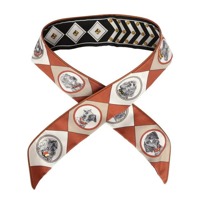 Hermès "Colliers et Chiens Forever" Black, Blanc, Caramel Leather Trim Silk Twilly in Black Silk from Madison Avenue Couture