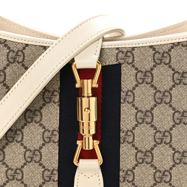 Gucci GG Supreme Monogram Azalea Calfskin Web Small Jackie 1961 Hobo Beige Ebony Mystic White in White Calfskin from FASHIONPHILE, photo 8 of 10