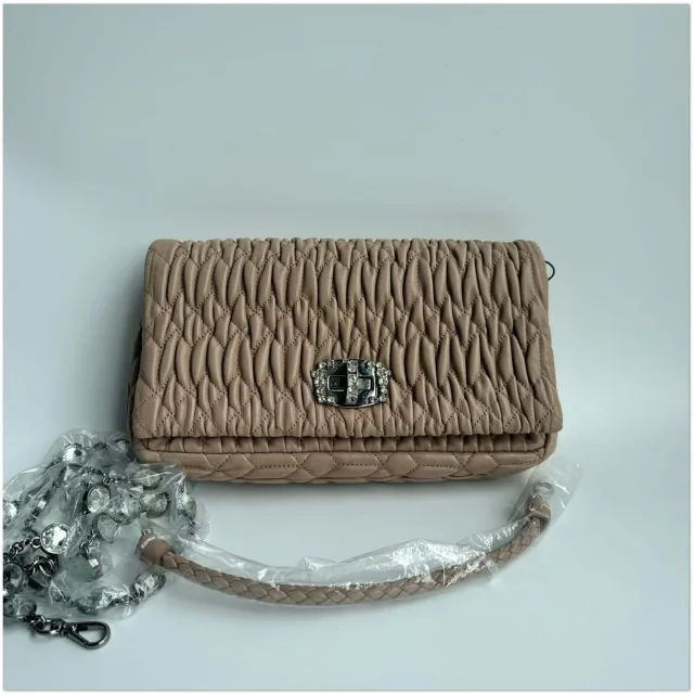 Miu Miu Matelassé Leather Crystal Flap Bag in Taupe Leather from Luxury Promise