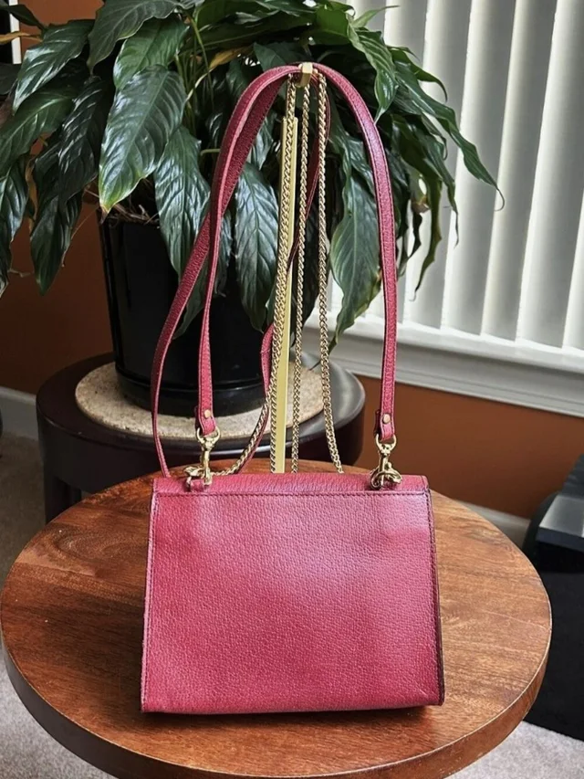 Valentino Garavani Double Strap Textured Leather Shoulder Bag, Burgundy in gold|red Leather from Poshmark, photo 6 of 15