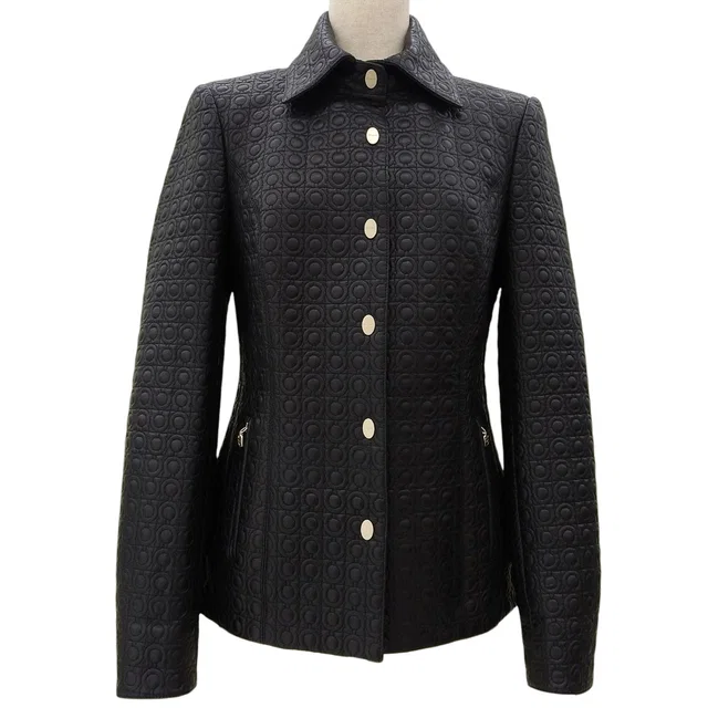 Ferragamo Leather Gancini Pattern Jacket #40 Black in Black Leather from VINTAGE QOO TOKYO