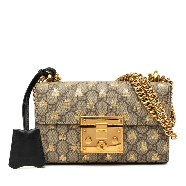 Beige Gucci Small GG Supreme Bee Padlock Crossbody in Beige Coated canvas from Designer Revival