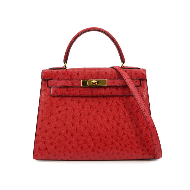 Hermès Kelly 28 Sellier Rouge Vif Ostrich Hand Shoulder Bag 1989 Circle S Gold Hardware in Red Ostrich from Luxury Promise