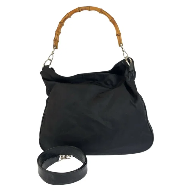 Gucci Bamboo Black Silver Nylon 001 2-Way Shoulder Bag in Black Nylon from The Reluxe