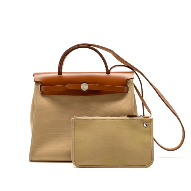 Hermès herbag 31 zip bag canvas/hunter leather trench SHW stamp C in Canvas from EMIER