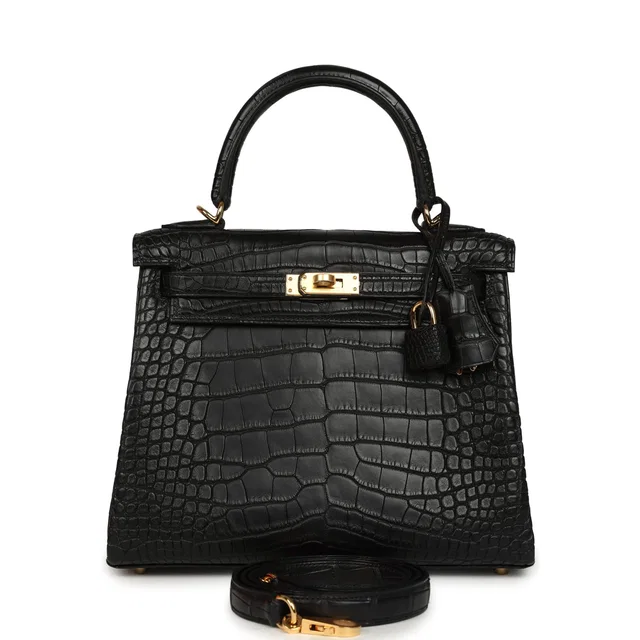 Hermès Kelly Retourne 25 Black Matte Alligator Gold Hardware in Black Crocodile from Madison Avenue Couture