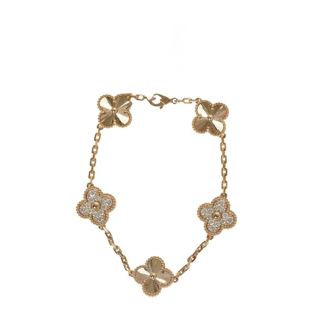 Van Cleef & Arpels Vintage Alhambra 5 Motif Bracelet Diamonds 18K Yellow Gold Guilloche in Yellow from Madison Avenue Couture