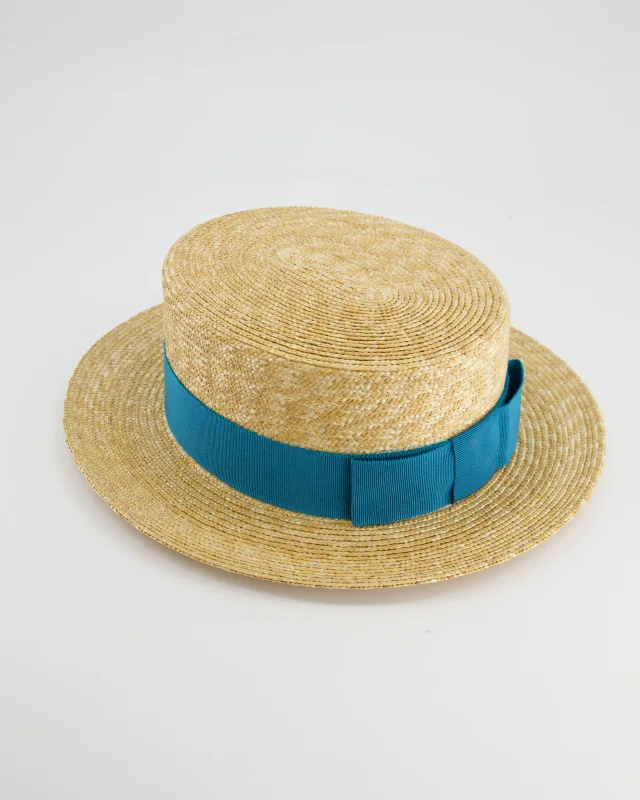 Prada Raffia Woven Hat with Teal Ribbon Detail Size L in Beige Woven leather from Sellier, photo 4 of 7