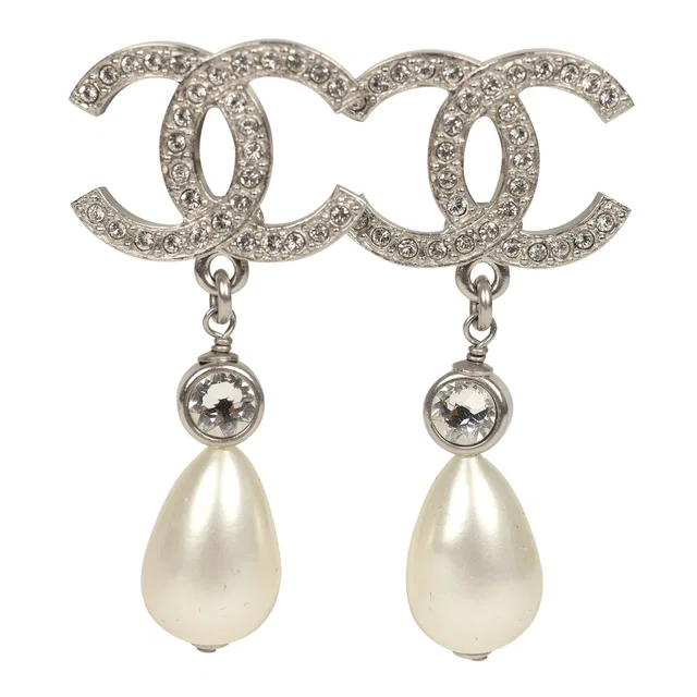 Chanel Large Crystal CC Pearl Drop Earrings Silver Tone Metal in Silver from Madison Avenue Couture