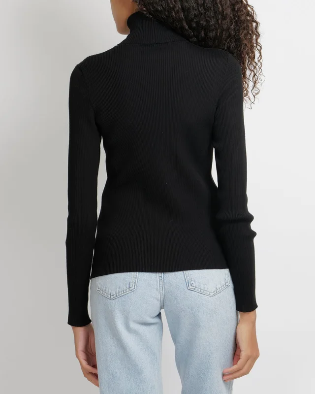 Chanel Black Wool Ribbed High-Neck Jumper with CC Logo Embroidery and Champagne Gold CC Logo Button… in Black Wool from Sellier, photo 2 of 2