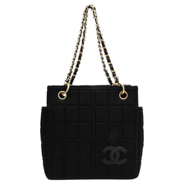 Chanel Circa 2000s Chocolate Bar CC Mark Stitch Chain Handbag Black in Black from VINTAGE QOO TOKYO