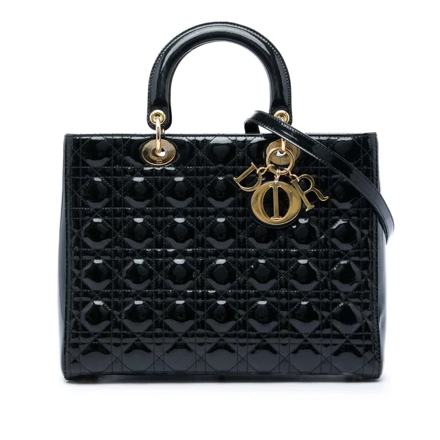 Black Dior Large Patent Cannage Lady Dior Satchel in Black Patent leather from Designer Revival