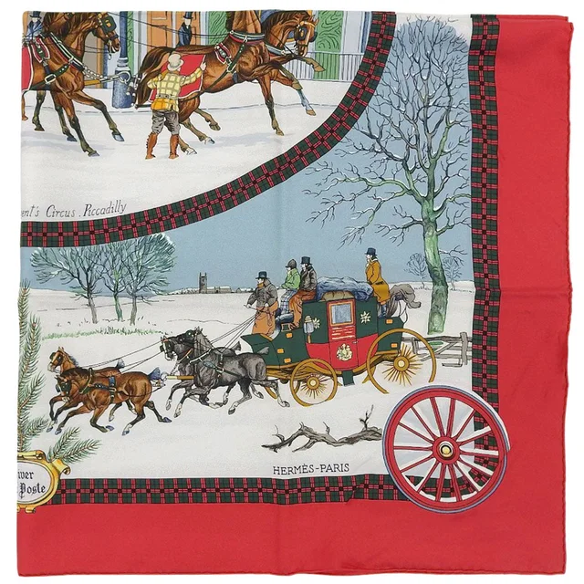 Hermès Carre 90 LHIVER EN POSTE Scarf Red/White/Light Blue in White Silk from VINTAGE QOO TOKYO