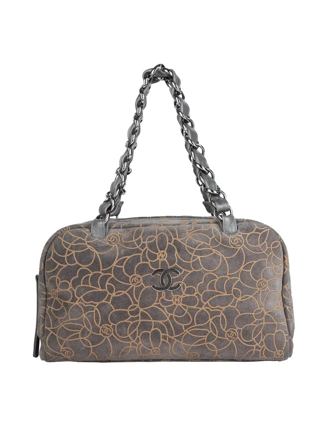 Chanel Vintage c. 2004-2005 Grey and Beige Logo Camellia Embossed Bowling Bag from Amarcord Vintage Fashion