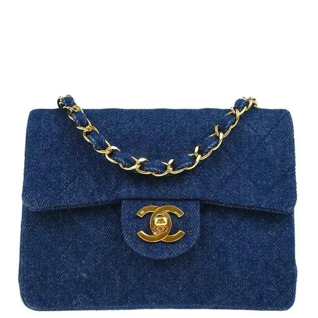 Chanel 1989-1991 Blue Denim Mini Classic Square Flap Shoulder Bag 17 in Blue Denim from AMORE Vintage Tokyo