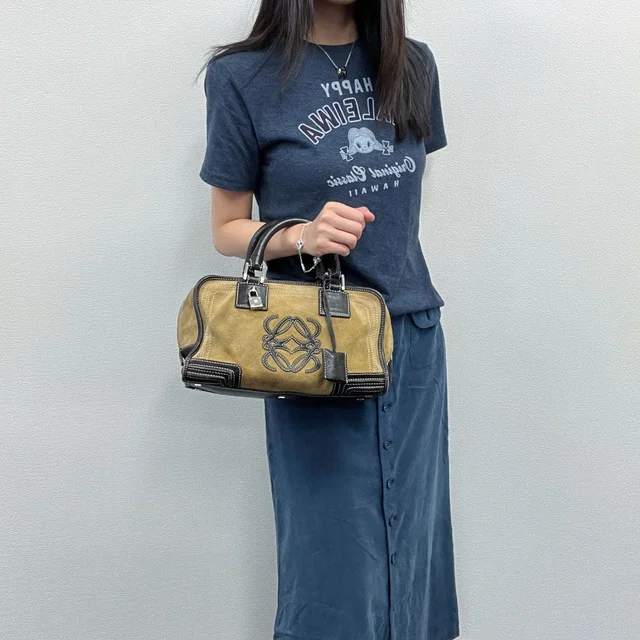 Loewe Amazona Anagram Handbag Suede Leather Mustard Brown Silver Vintage in Brown Suede from The Reluxe