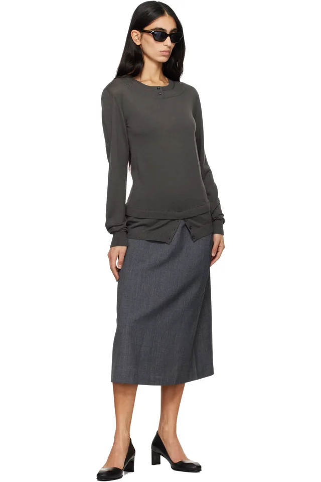 TONYWACK Gray Wool Midi Skirt, photo 4 of 4 from SSENSE