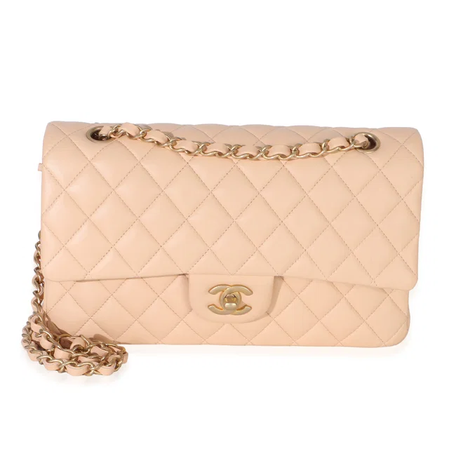 Chanel Beige Quilted Lambskin Medium Classic Double Flap Bag Leather Handbag in Beige Lambskin from HEWI