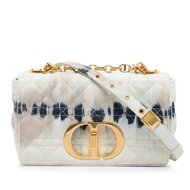 White Dior Small Tie Dye Denim Caro Crossbody in White Denim from Designer Revival