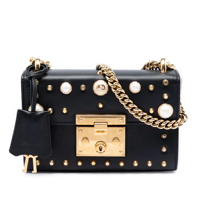 Black Gucci Small Pearl Studded Leather Padlock Crossbody in Black Leather from Designer Revival