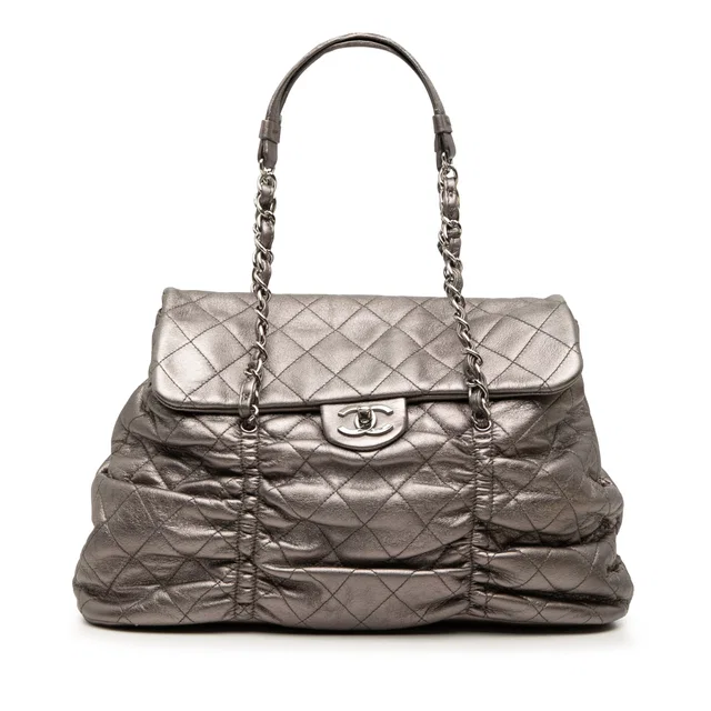 Silver Chanel Quilted Metallic Lambskin Sharpei Flap Handbag in Silver Lambskin from Designer Revival