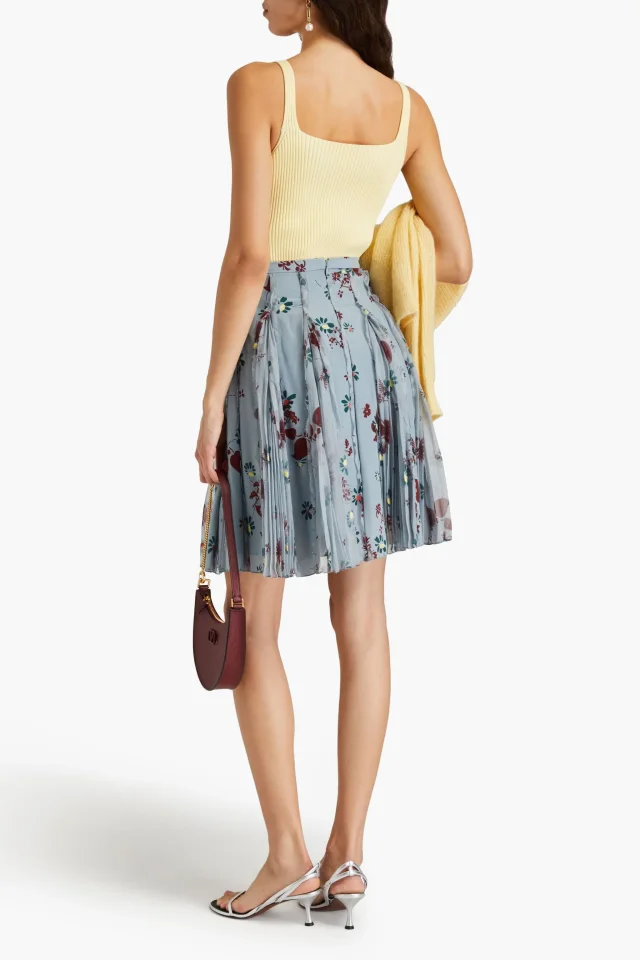 Valentino Garavani Floral-Print Silk Crepe de Chine Pleated Mini Skirt in Sky blue, photo 3 of 4 from THE OUTNET