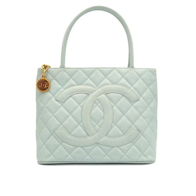 Chanel Vintage Medallion Tote Bag Light Blue Caviar Skin Gold Hardware in Blue Caviar leather from Luxury Promise