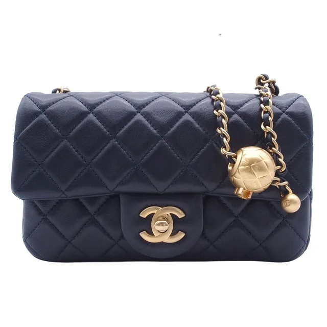 Chanel Chain Shoulder Bag Mini Quilted 20 Coco Ball Navy Gold Lambskin in Navy Lambskin from The Reluxe