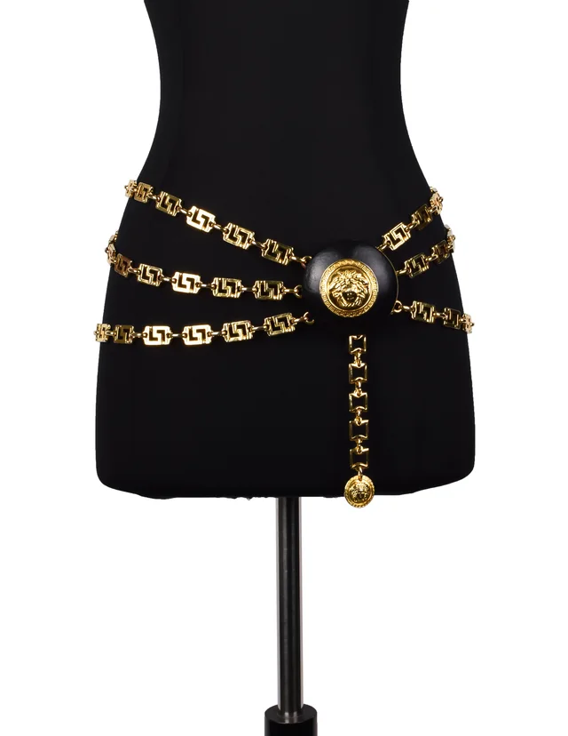 Versace Vintage AW 1992 Miss S&M Black Leather and Golden Triple Chain Medusa Belt in Black Leather from Amarcord Vintage Fashion