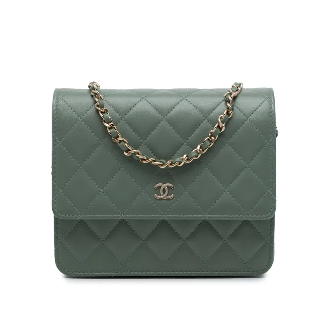 Green Chanel CC Square Quilted Lambskin Wallet on Chain Crossbody Bag in Green Lambskin from Designer Revival