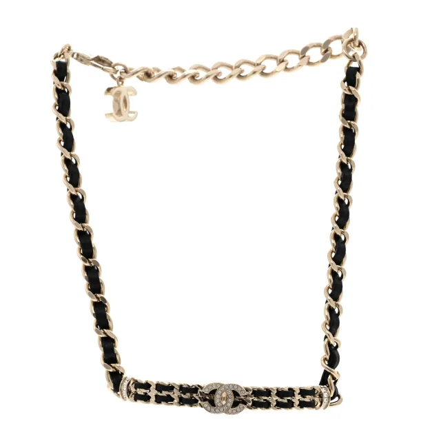Chanel Metal Lambskin Crystal CC Choker Necklace Black Gold in Black Lambskin from FASHIONPHILE, photo 3 of 6