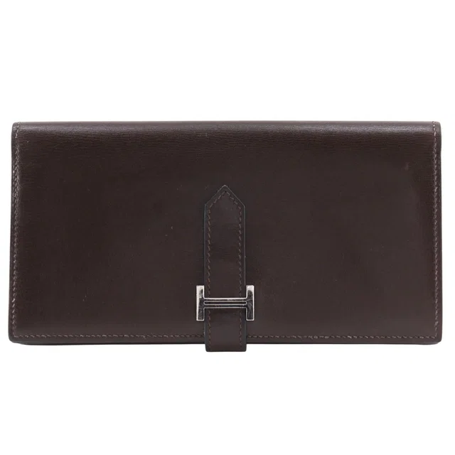 Hermès Bearn Soufflet Box Calf Brown Silver Wallet in Brown Box leather from The Reluxe