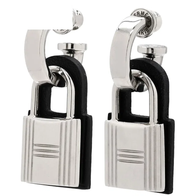 Hermès Earrings O'Kelly Metal Veau Swift Black Silver Cadena Shape Hoop in Black Swift leather from The Reluxe