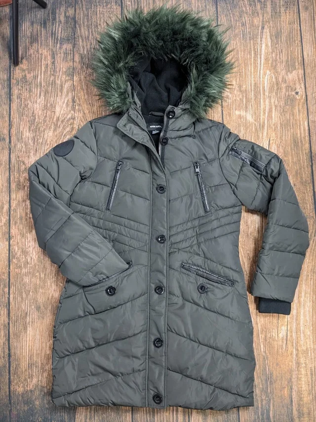 Diesel Jacket Womens Size 16 Parka Fur Lined Hood Puffer Insulated Long Coat in green from Poshmark
