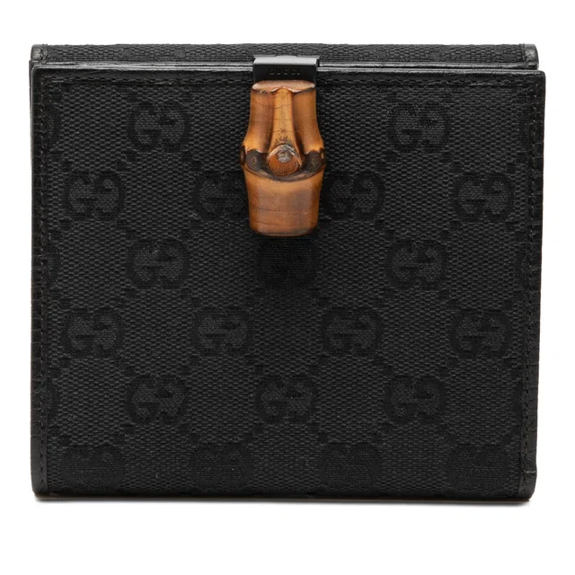 Black Gucci GG Canvas and Leather Bamboo Compact Wallet in Black Canvas from Designer Revival