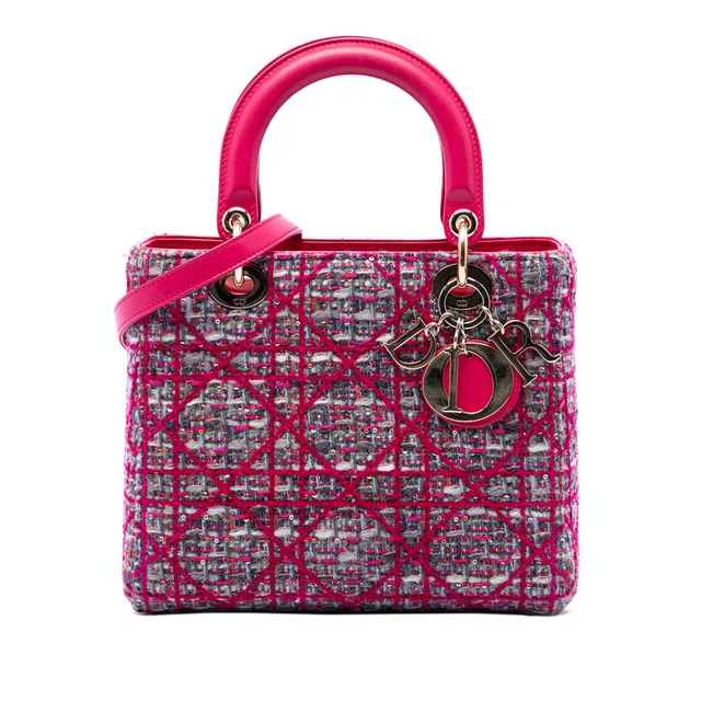 Pink Dior Medium Tweed Macrocannage Lady Dior Satchel in Pink Tweed from Designer Revival