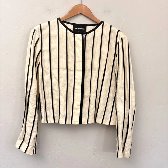 Giorgio Armani Linen Blend Blazer Size 40 Ivory Black Piping Snap Front Flaws in Black from Poshmark