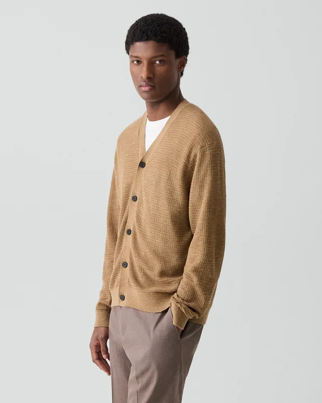 Theory V-Neck Cardigan in Pacific Linen in FRESH KHAKI 65% Linen, 23% Cotton, 12% Polyester; Exclusive Of Elastic, photo 2 of 14 from Theory
