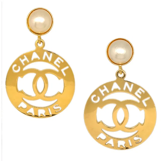 Chanel Hoop Gold Costume Pearl Clip-On Earrings in Gold from AMORE Vintage Tokyo