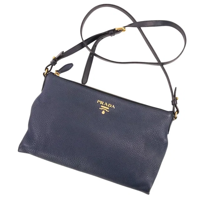 Prada Vitello Daino Leather Shoulder Bag Striped Strap Included Navy in Navy Leather from The Reluxe