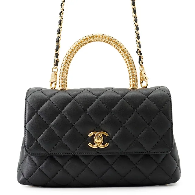 Chanel Quilted CC Logo Coco Handle Lambskin 2-Way Shoulder Bag Black in Black Lambskin from The Reluxe