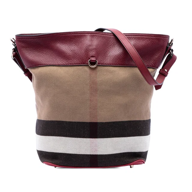 Brown Burberry Medium Mega Check Canvas and Grained Calfskin Ashby Tassel Bucket Bag Satchel in Brown Caviar leather from Designer Revival