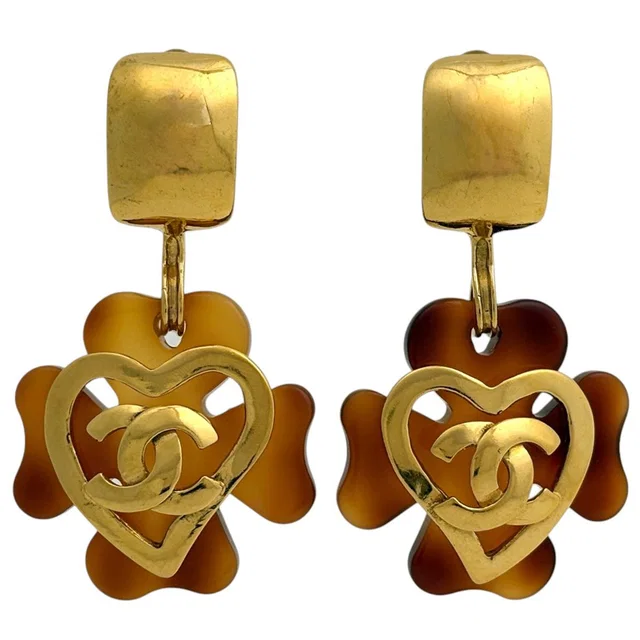 Chanel CC Logo Earrings Heart Clover Gold Plated Brown in Brown from The Reluxe