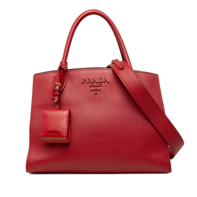 Red Prada Medium Saffiano Cuir Monochrome Top Handle Tote Satchel in Red Saffiano leather from Designer Revival