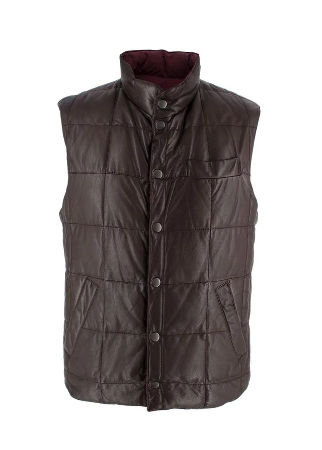 Brunello Cucinelli Brown And Burgundy Reversible Gilet in Brown Leather from HEWI