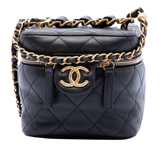 Black Chanel Small Quilted Calfskin Chain Bar Vanity Case with Chain Satchel in Black Calfskin from Designer Revival