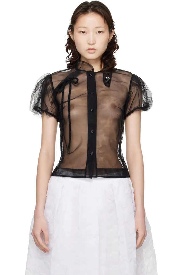 Black Embellished Sheer Offset Fragment Collar Shirt, image 1 of 1 from SSENSE