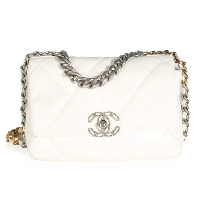 Chanel White Quilted Lambskin Small 19 Flap Bag Leather Handbag in White Lambskin from HEWI