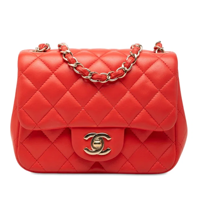 Orange Chanel Mini Square Classic Lambskin Single Flap Crossbody Bag in Orange Lambskin from Designer Revival