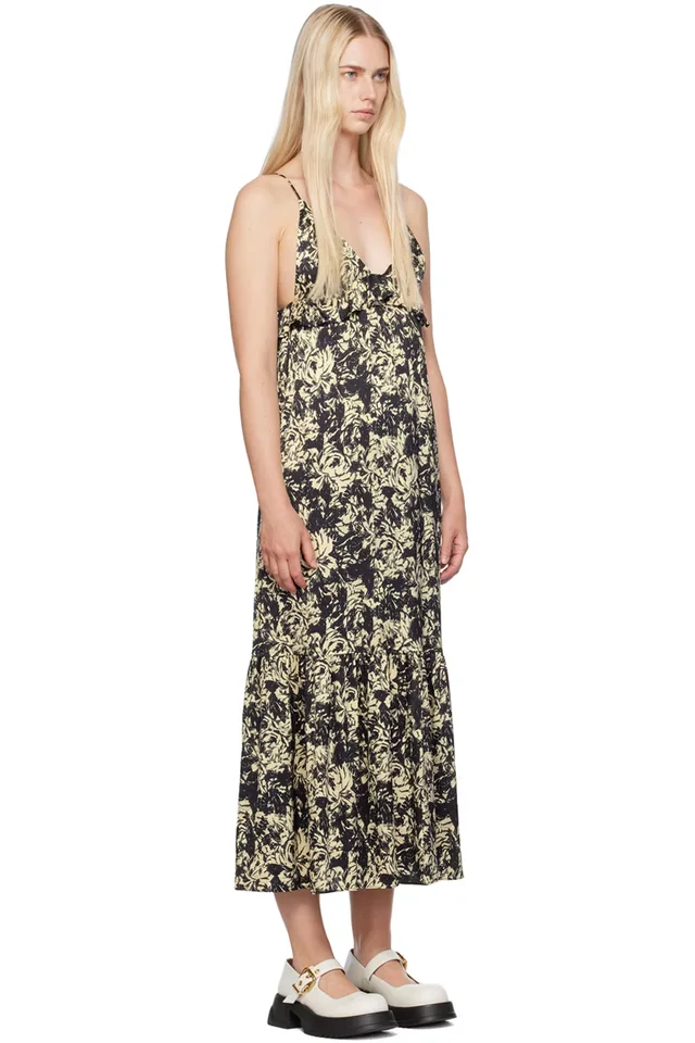 GANNI Black & Off-White Printed Maxi Dress, photo 2 of 4 from SSENSE